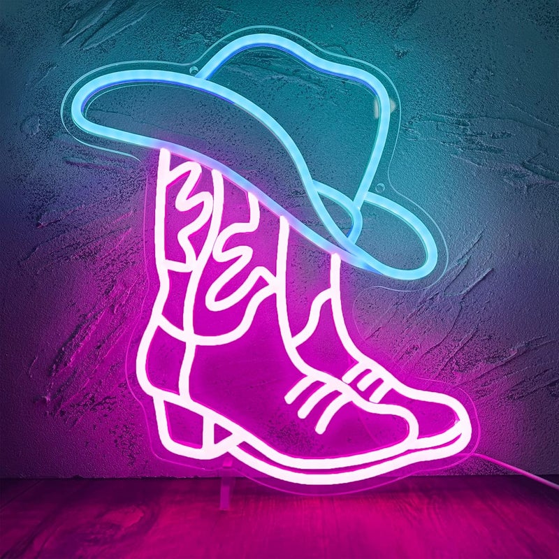 Manimo Cowboy Boot and Hat LED Neon Sign,Western Country Wall Decor for Bar, Man Cave, Garage,Pink White Aesthetic Rodeo Neon Light, Unique Christmas Birthday Gifts(13x15 in) - Image 1